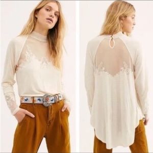 Free People Boho Blouse Ivory Saheli Top Flowy Fairycore Mesh Embroidered Top